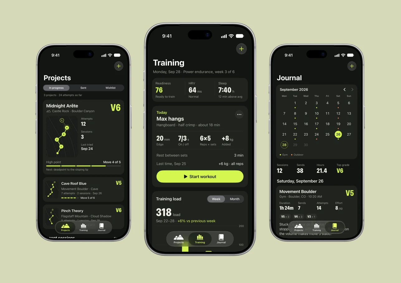 Three Crux app screens in iPhone frames