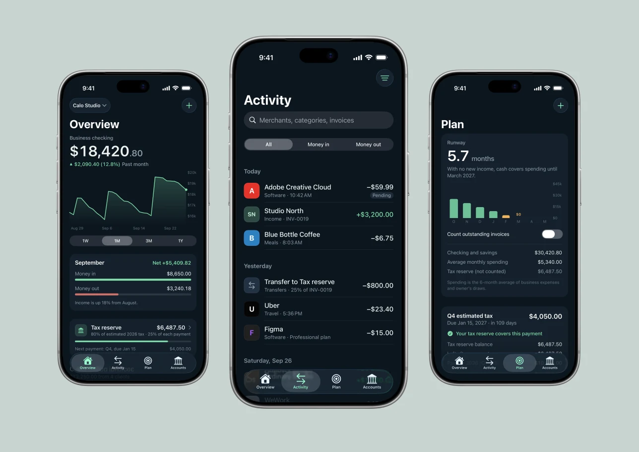 Three Ledger app screens in iPhone frames