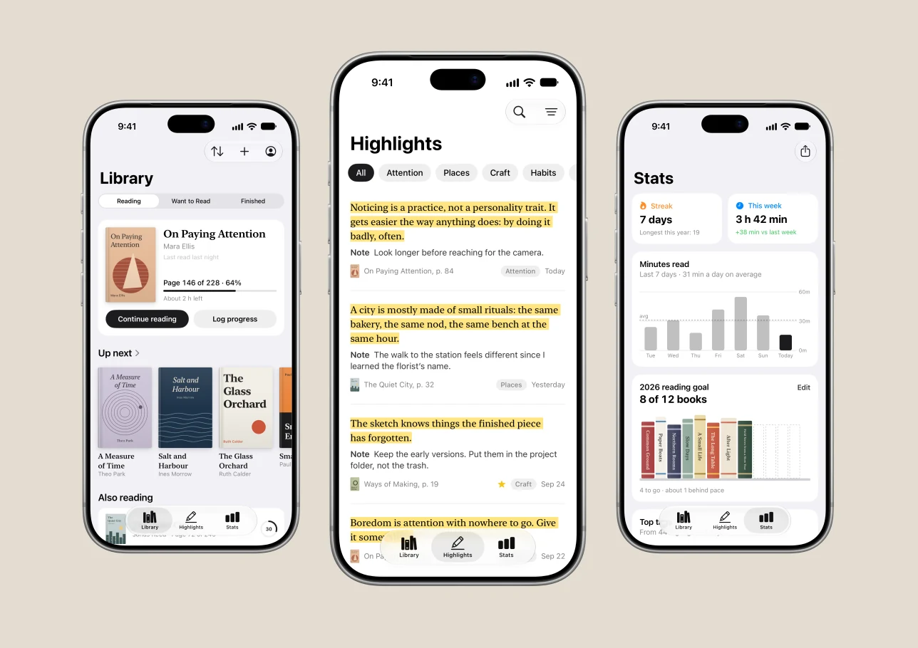 Three Margin app screens in iPhone frames