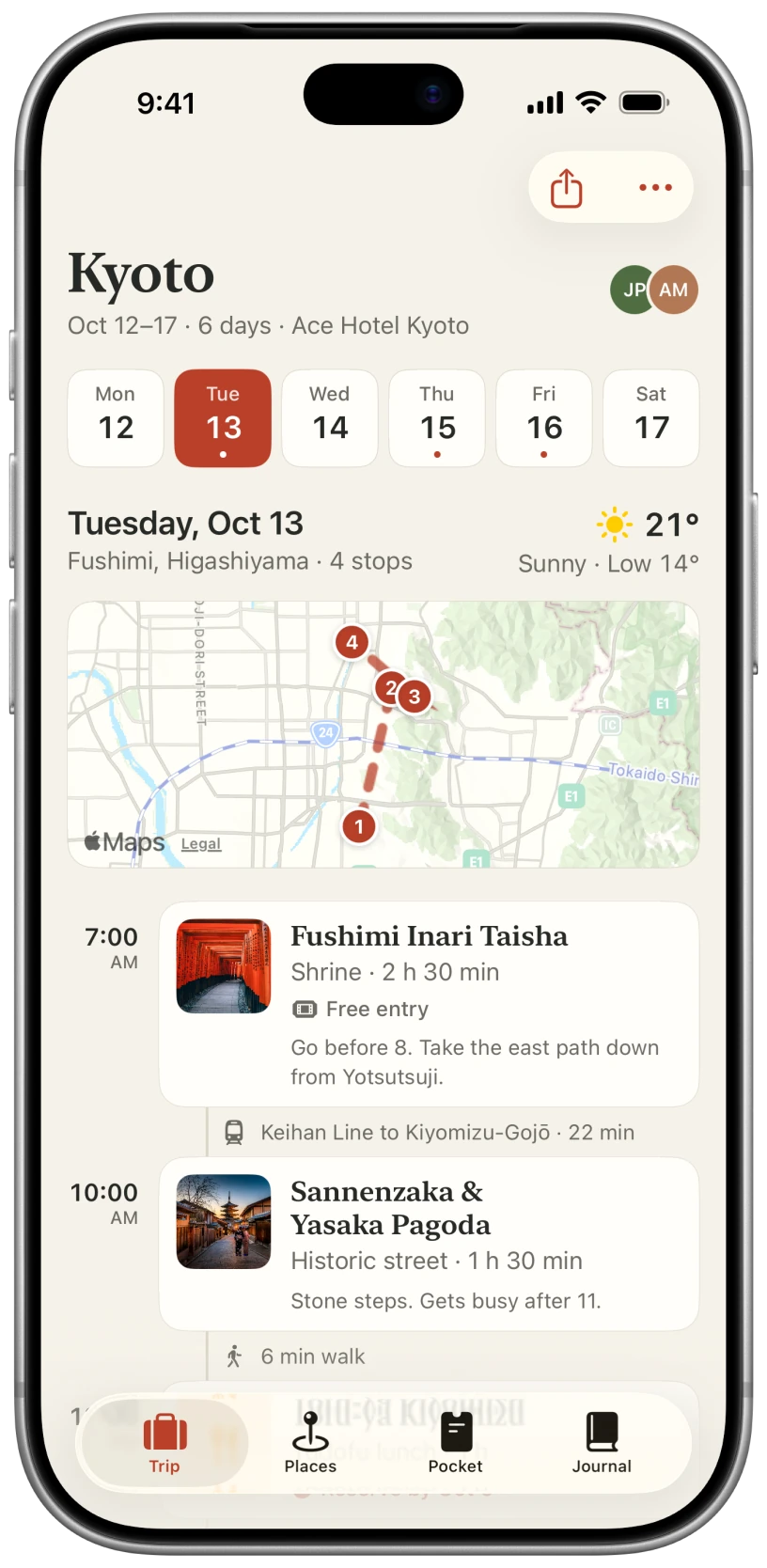Trip screen for Tuesday, October 13: a day picker, weather, a map with four numbered stops, and timed stops for Fushimi Inari and Sannenzaka with travel time between them.