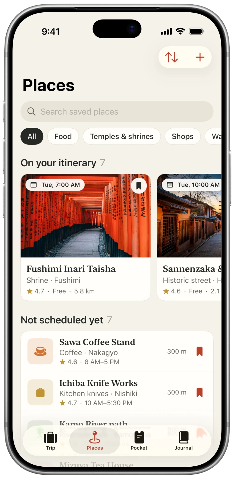 Places screen with a search field, category filters, itinerary places shown as photo cards with their scheduled time, and a list of unscheduled places with ratings and distances.
