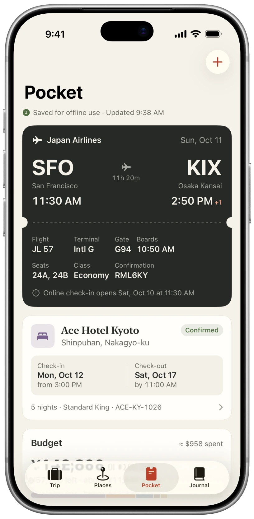 Pocket screen with a boarding pass for flight JL 57 from San Francisco to Osaka Kansai, and a confirmed booking at Ace Hotel Kyoto with check-in and check-out times.
