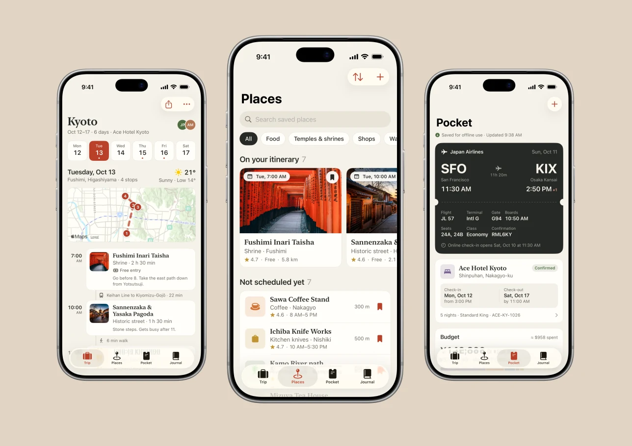 Three Roamline screens in iPhone frames: a Kyoto day plan with a route map, a list of saved places, and a boarding pass with hotel details.